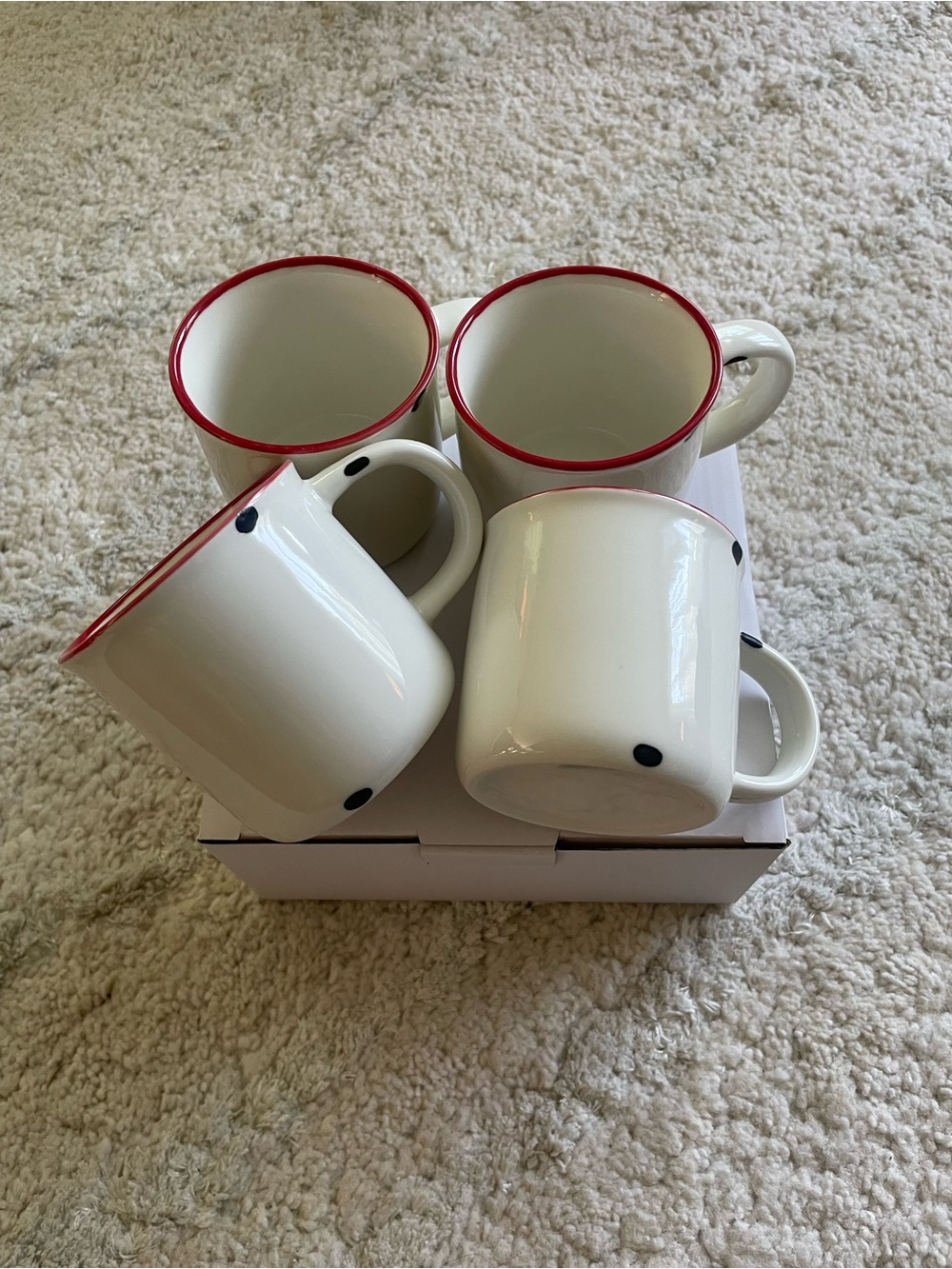 NWT Ceramic Mugs with Red Rim & Black Dot Accent -(Set of 4)